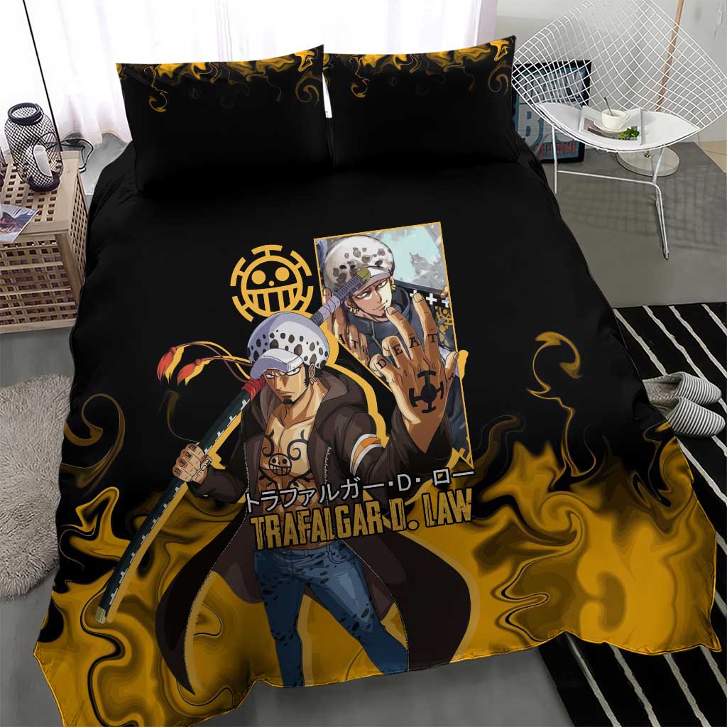 Trafalgar D. Law One Piece Black and Yellow Theme Bedding Set with Heart Pirates Symbol and Flame Pattern Design - The Mazicc