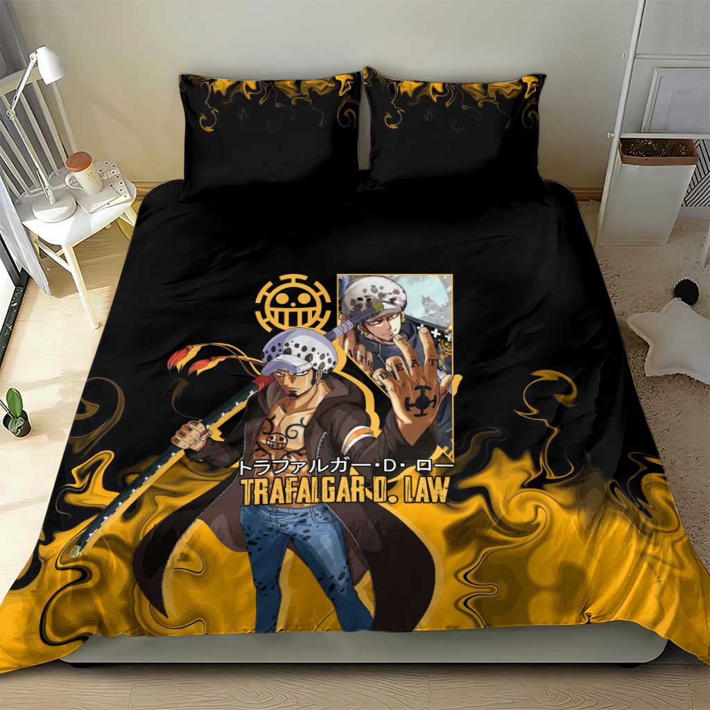 Trafalgar D. Law One Piece Black and Yellow Theme Bedding Set with Heart Pirates Symbol and Flame Pattern Design - The Mazicc