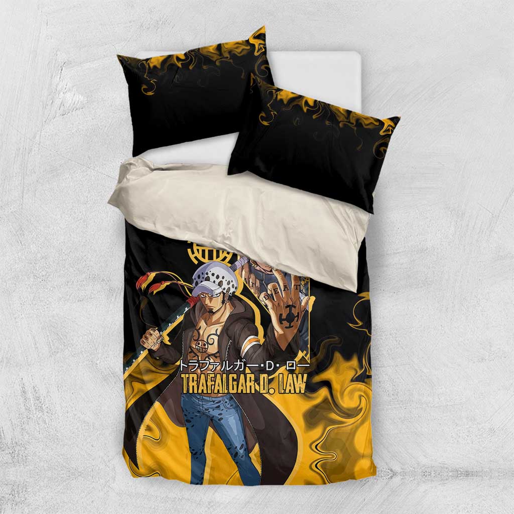 Trafalgar D. Law One Piece Black and Yellow Theme Bedding Set with Heart Pirates Symbol and Flame Pattern Design - The Mazicc