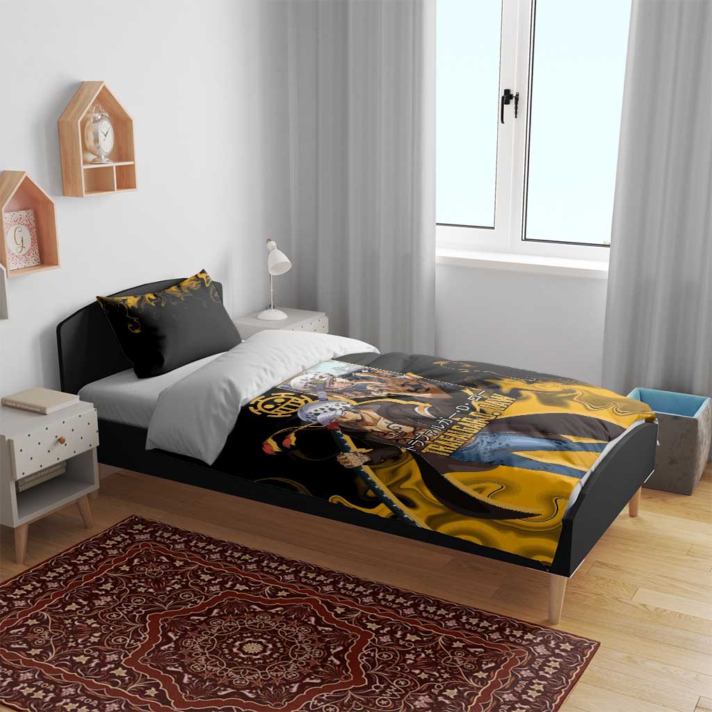Trafalgar D. Law One Piece Black and Yellow Theme Bedding Set with Heart Pirates Symbol and Flame Pattern Design - The Mazicc
