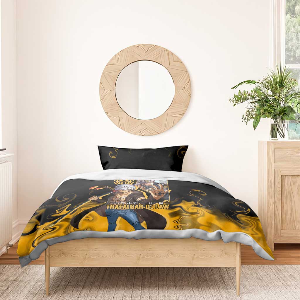 Trafalgar D. Law One Piece Black and Yellow Theme Bedding Set with Heart Pirates Symbol and Flame Pattern Design - The Mazicc