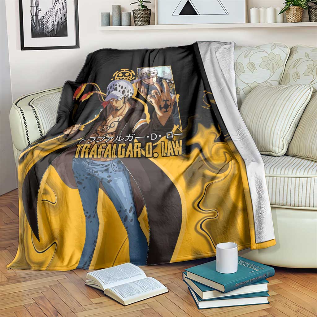 Trafalgar D. Law One Piece Black and Yellow Theme Blanket with Heart Pirates Symbol and Flame Pattern Design - The Mazicc