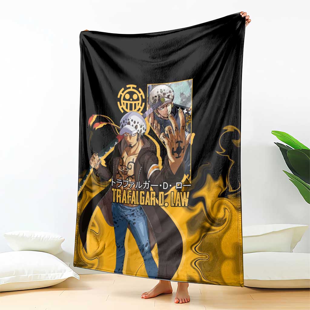 Trafalgar D. Law One Piece Black and Yellow Theme Blanket with Heart Pirates Symbol and Flame Pattern Design - The Mazicc