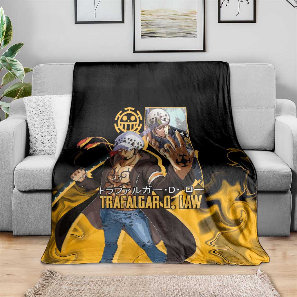 Trafalgar D. Law One Piece Black and Yellow Theme Blanket with Heart Pirates Symbol and Flame Pattern Design - The Mazicc