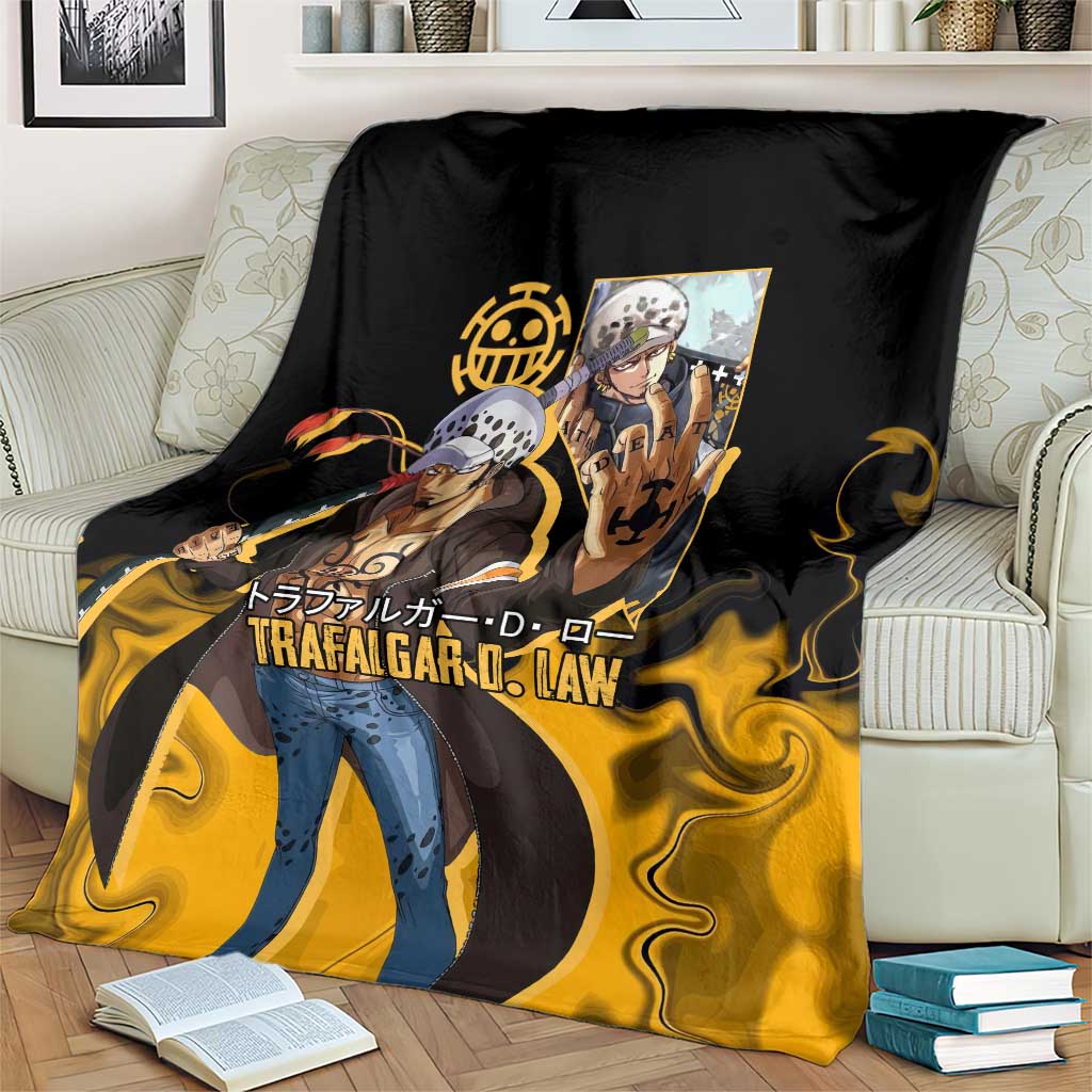 Trafalgar D. Law One Piece Black and Yellow Theme Blanket with Heart Pirates Symbol and Flame Pattern Design - The Mazicc