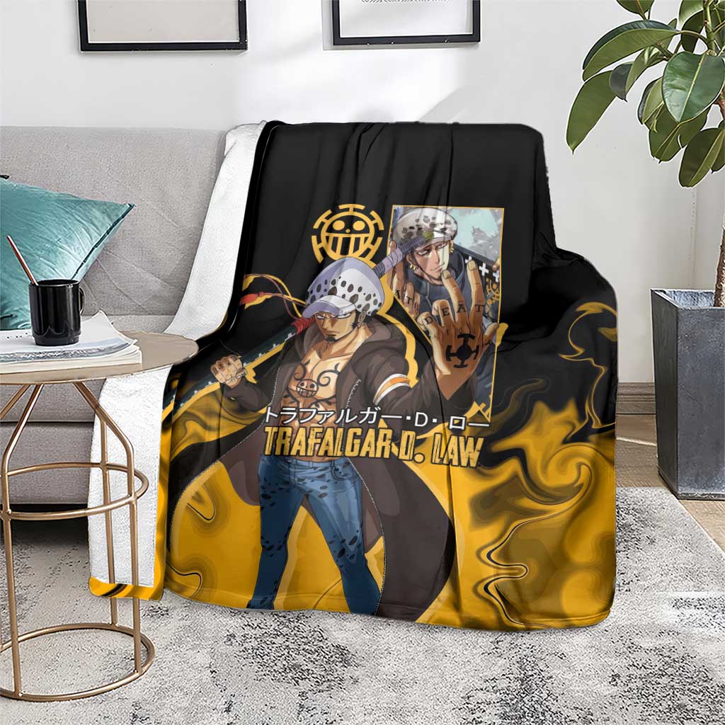 Trafalgar D. Law One Piece Black and Yellow Theme Blanket with Heart Pirates Symbol and Flame Pattern Design - The Mazicc