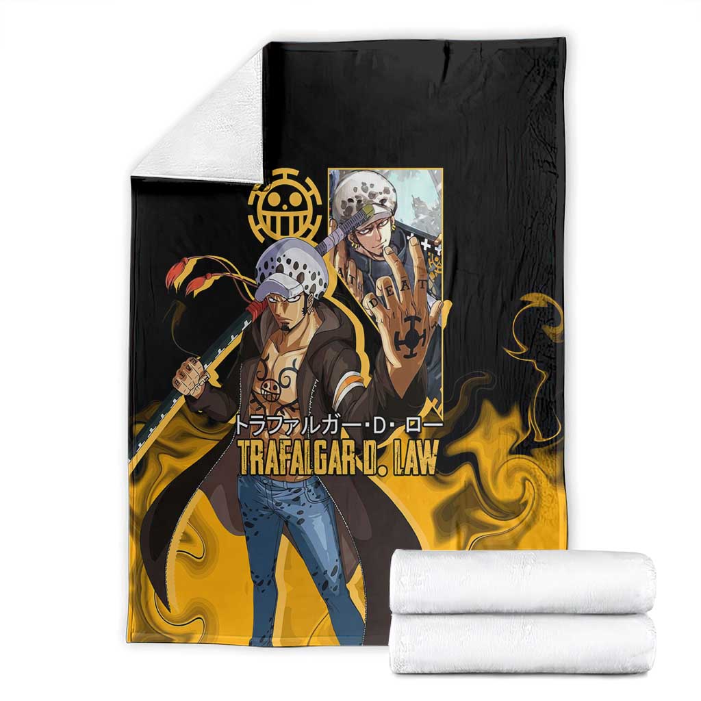 Trafalgar D. Law One Piece Black and Yellow Theme Blanket with Heart Pirates Symbol and Flame Pattern Design - The Mazicc