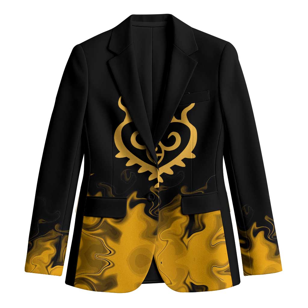Trafalgar D. Law One Piece Black and Yellow Theme Blazer with Heart Pirates Symbol and Flame Pattern Design - The Mazicc