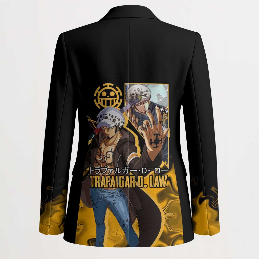 Trafalgar D. Law One Piece Black and Yellow Theme Blazer with Heart Pirates Symbol and Flame Pattern Design - The Mazicc