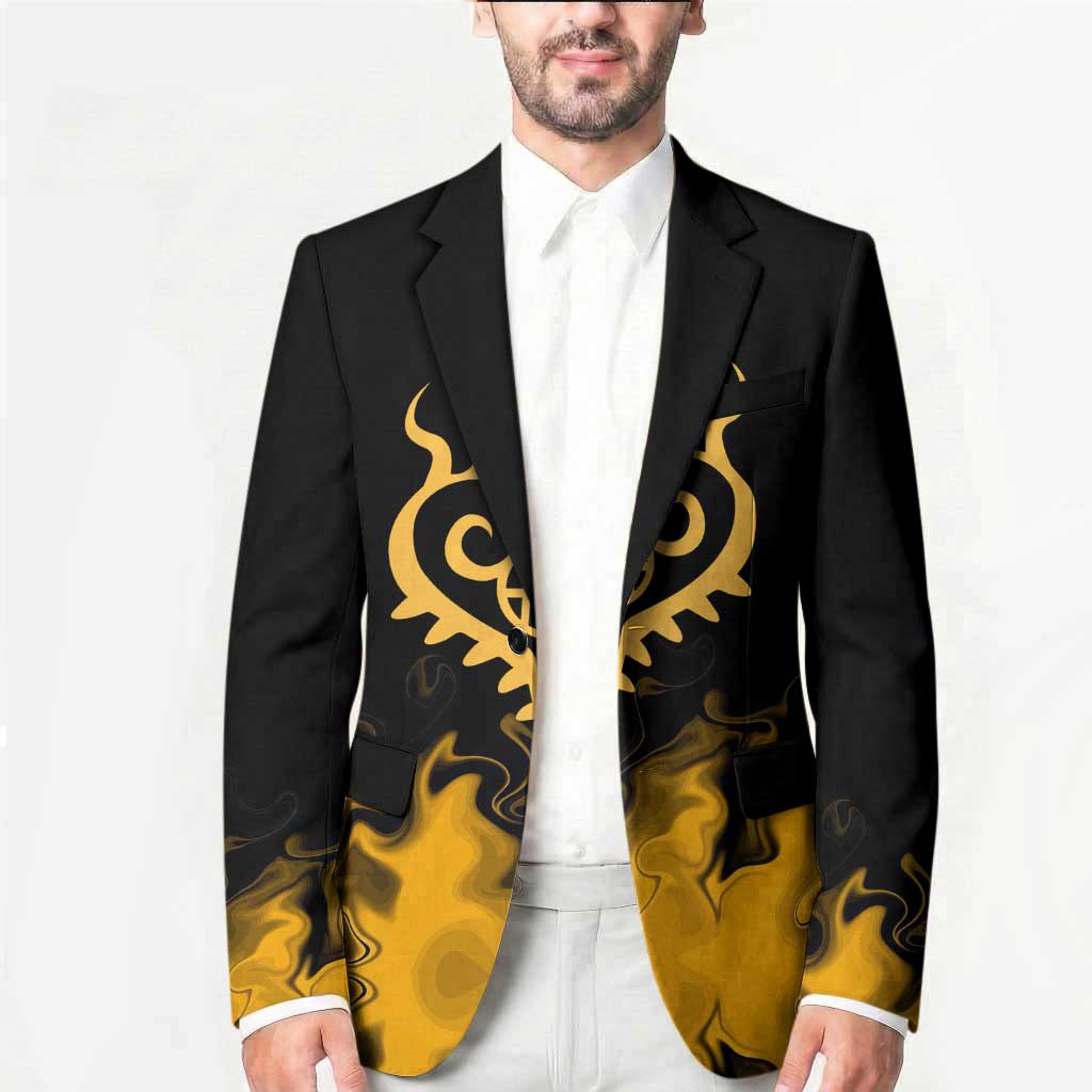 Trafalgar D. Law One Piece Black and Yellow Theme Blazer with Heart Pirates Symbol and Flame Pattern Design - The Mazicc