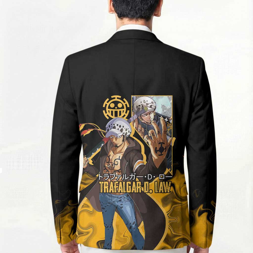 Trafalgar D. Law One Piece Black and Yellow Theme Blazer with Heart Pirates Symbol and Flame Pattern Design - The Mazicc