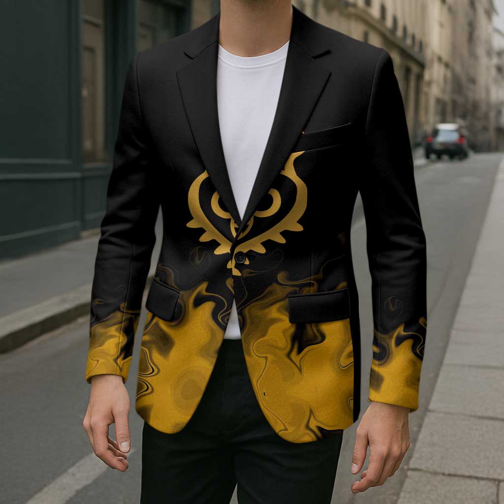 Trafalgar D. Law One Piece Black and Yellow Theme Blazer with Heart Pirates Symbol and Flame Pattern Design - The Mazicc