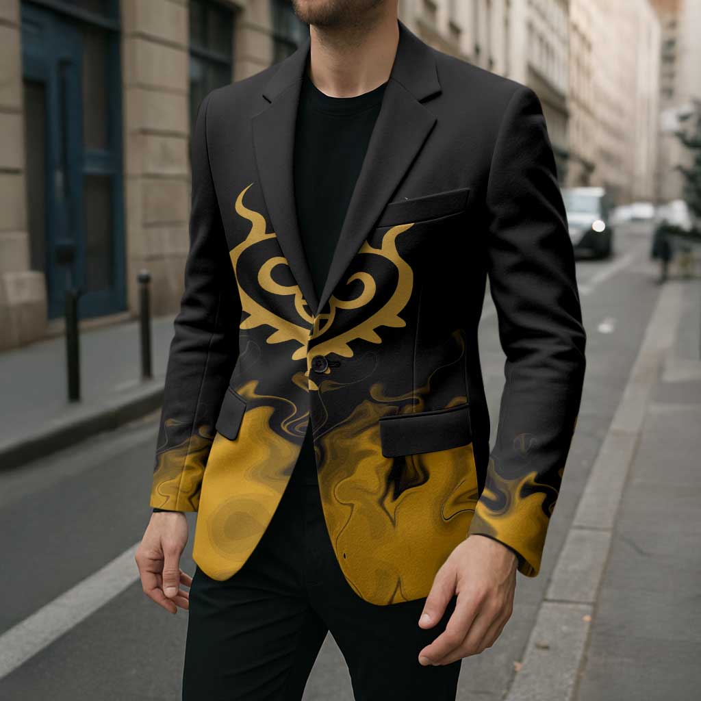 Trafalgar D. Law One Piece Black and Yellow Theme Blazer with Heart Pirates Symbol and Flame Pattern Design - The Mazicc