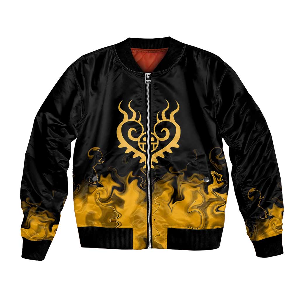 Trafalgar D. Law One Piece Black and Yellow Theme Bomber Jacket with Heart Pirates Symbol and Flame Pattern Design - The Mazicc