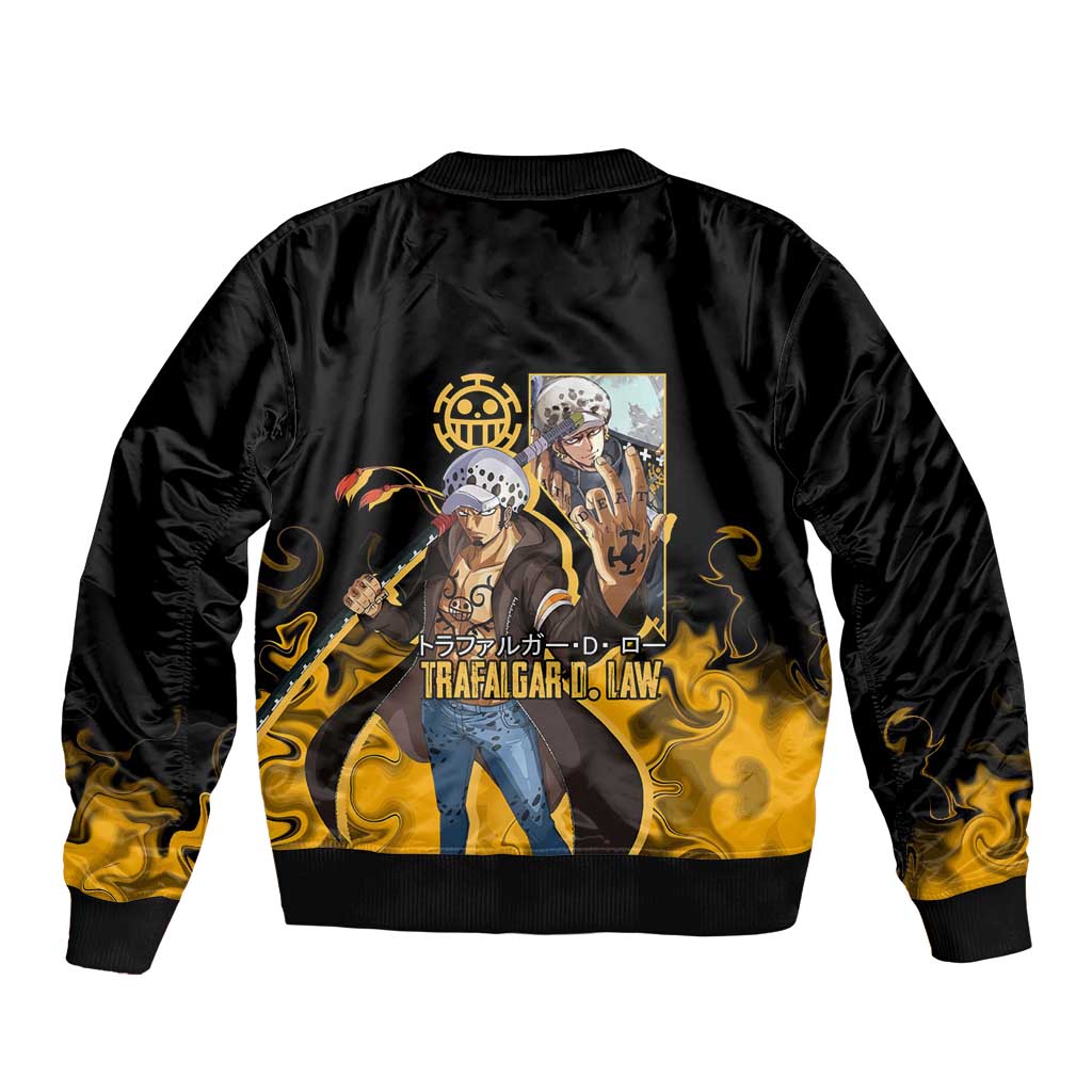 Trafalgar D. Law One Piece Black and Yellow Theme Bomber Jacket with Heart Pirates Symbol and Flame Pattern Design - The Mazicc