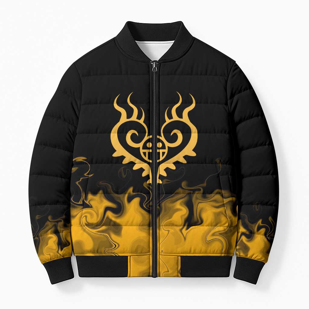 Trafalgar D. Law One Piece Black and Yellow Theme Bomber Puffer Jacket with Heart Pirates Symbol and Flame Pattern Design - The Mazicc