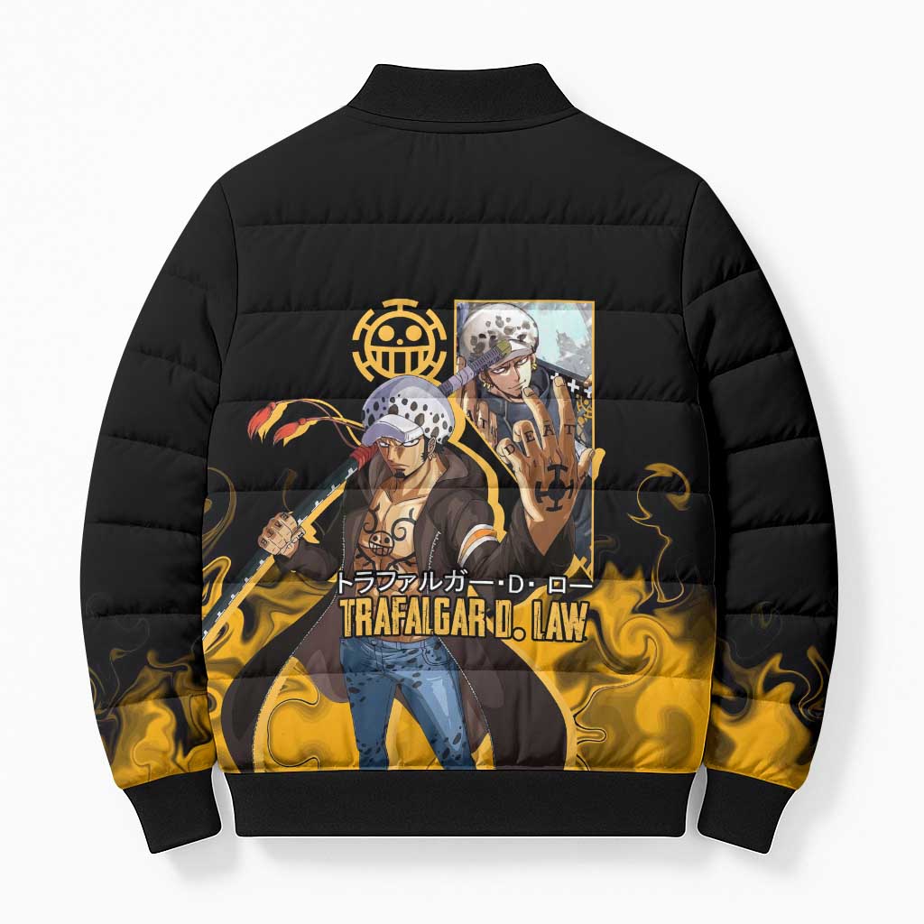 Trafalgar D. Law One Piece Black and Yellow Theme Bomber Puffer Jacket with Heart Pirates Symbol and Flame Pattern Design - The Mazicc