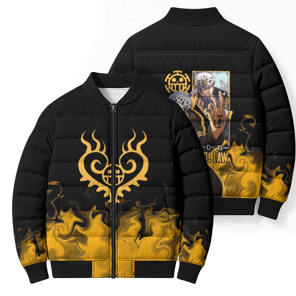 Trafalgar D. Law One Piece Black and Yellow Theme Bomber Puffer Jacket with Heart Pirates Symbol and Flame Pattern Design - The Mazicc
