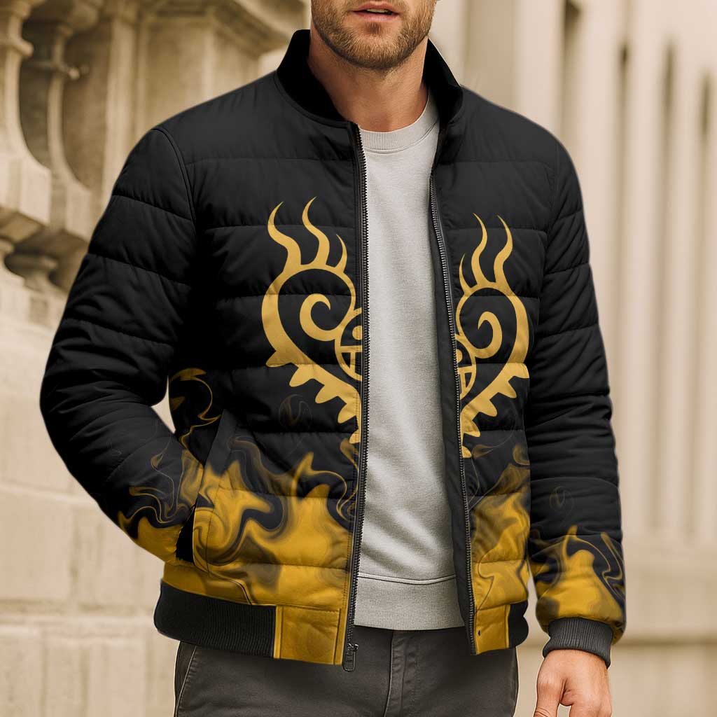 Trafalgar D. Law One Piece Black and Yellow Theme Bomber Puffer Jacket with Heart Pirates Symbol and Flame Pattern Design - The Mazicc