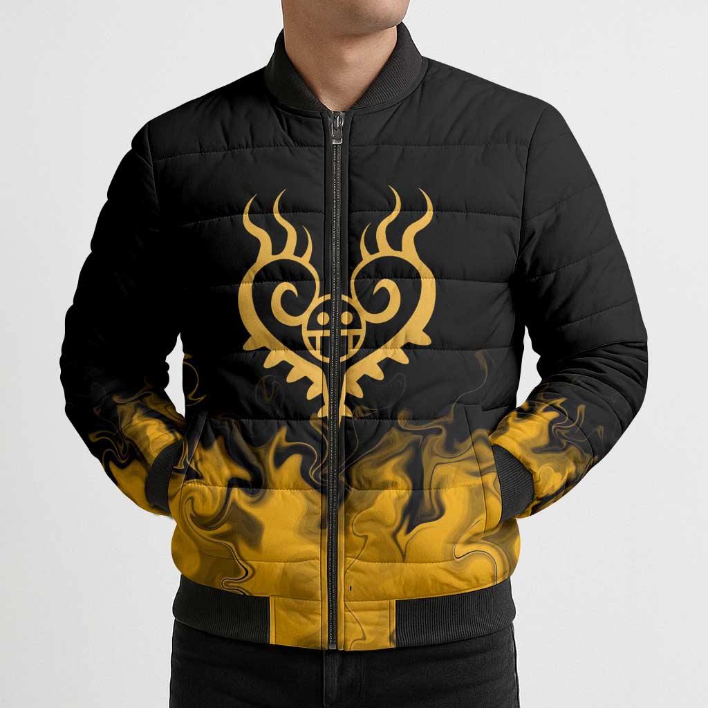Trafalgar D. Law One Piece Black and Yellow Theme Bomber Puffer Jacket with Heart Pirates Symbol and Flame Pattern Design - The Mazicc