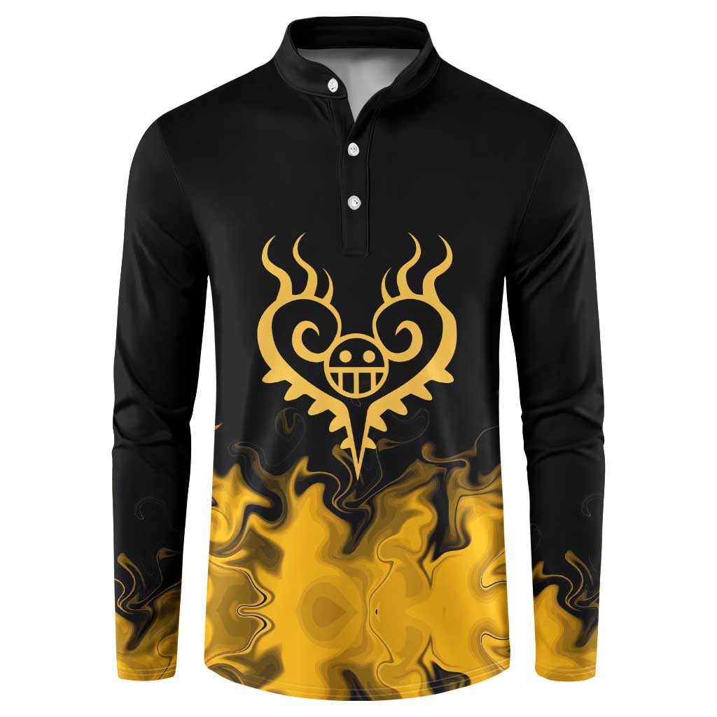 Trafalgar D. Law One Piece Black and Yellow Theme Button Sweatshirt with Heart Pirates Symbol and Flame Pattern Design - The Mazicc