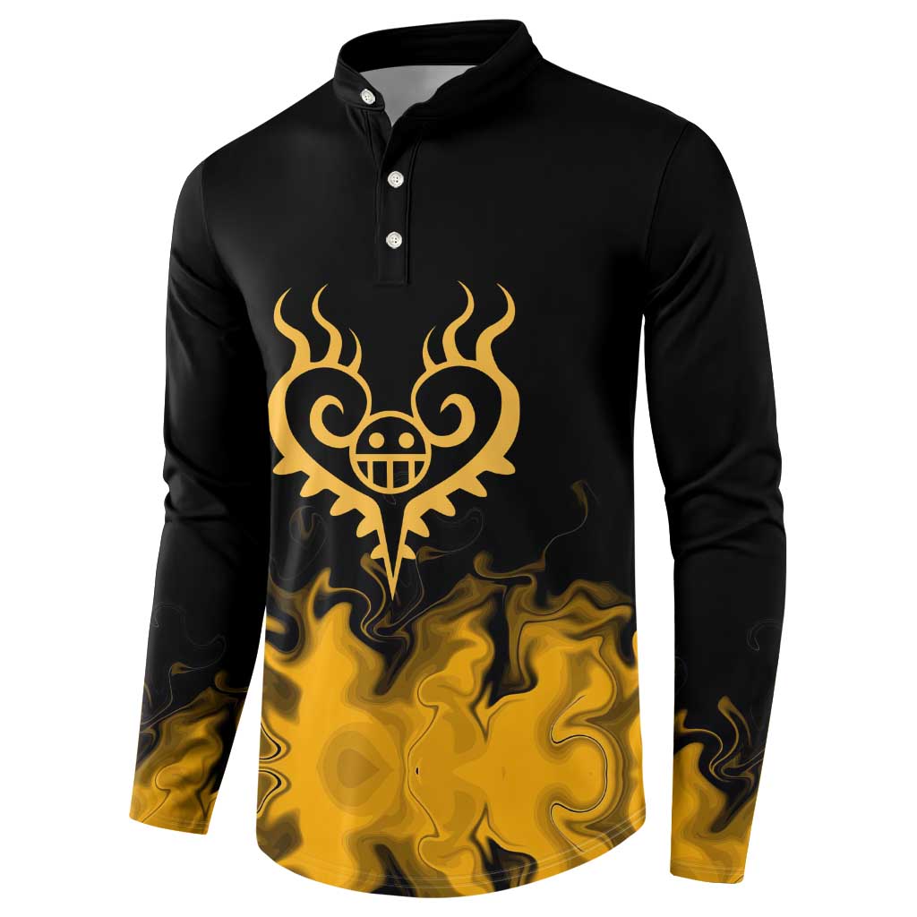 Trafalgar D. Law One Piece Black and Yellow Theme Button Sweatshirt with Heart Pirates Symbol and Flame Pattern Design - The Mazicc