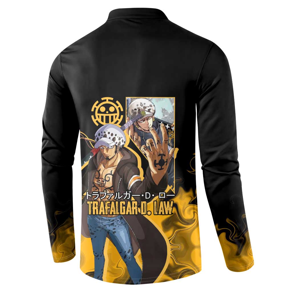 Trafalgar D. Law One Piece Black and Yellow Theme Button Sweatshirt with Heart Pirates Symbol and Flame Pattern Design - The Mazicc