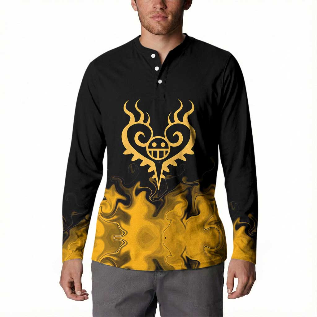 Trafalgar D. Law One Piece Black and Yellow Theme Button Sweatshirt with Heart Pirates Symbol and Flame Pattern Design - The Mazicc