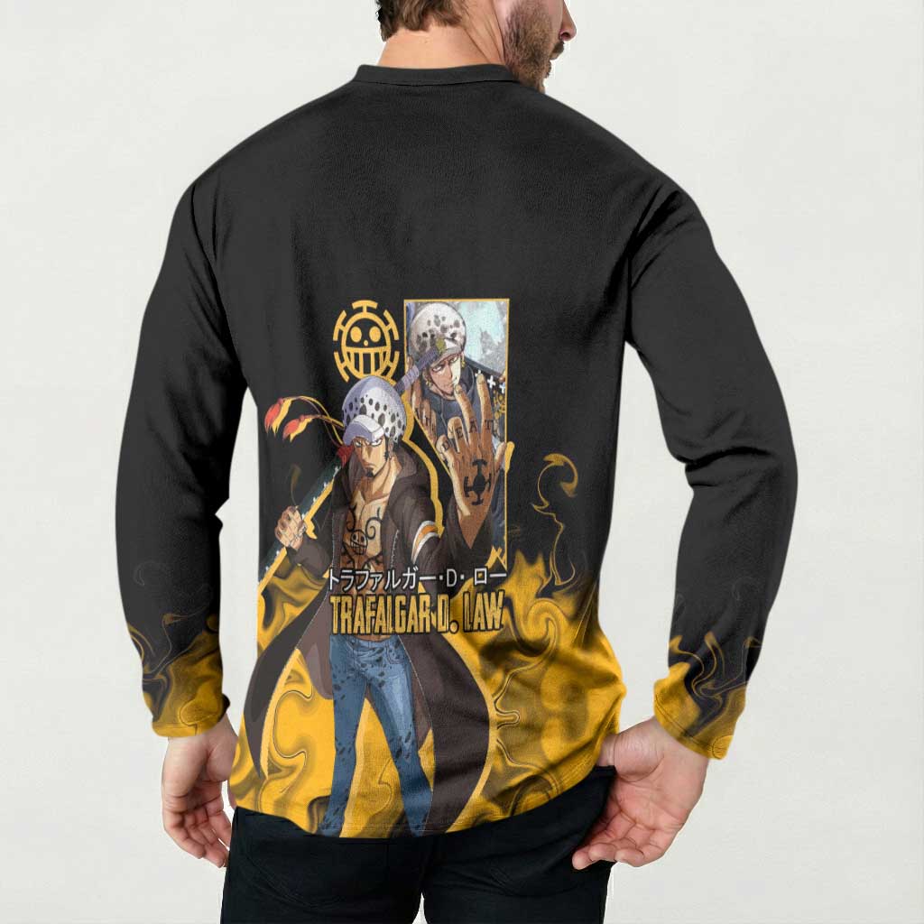 Trafalgar D. Law One Piece Black and Yellow Theme Button Sweatshirt with Heart Pirates Symbol and Flame Pattern Design - The Mazicc