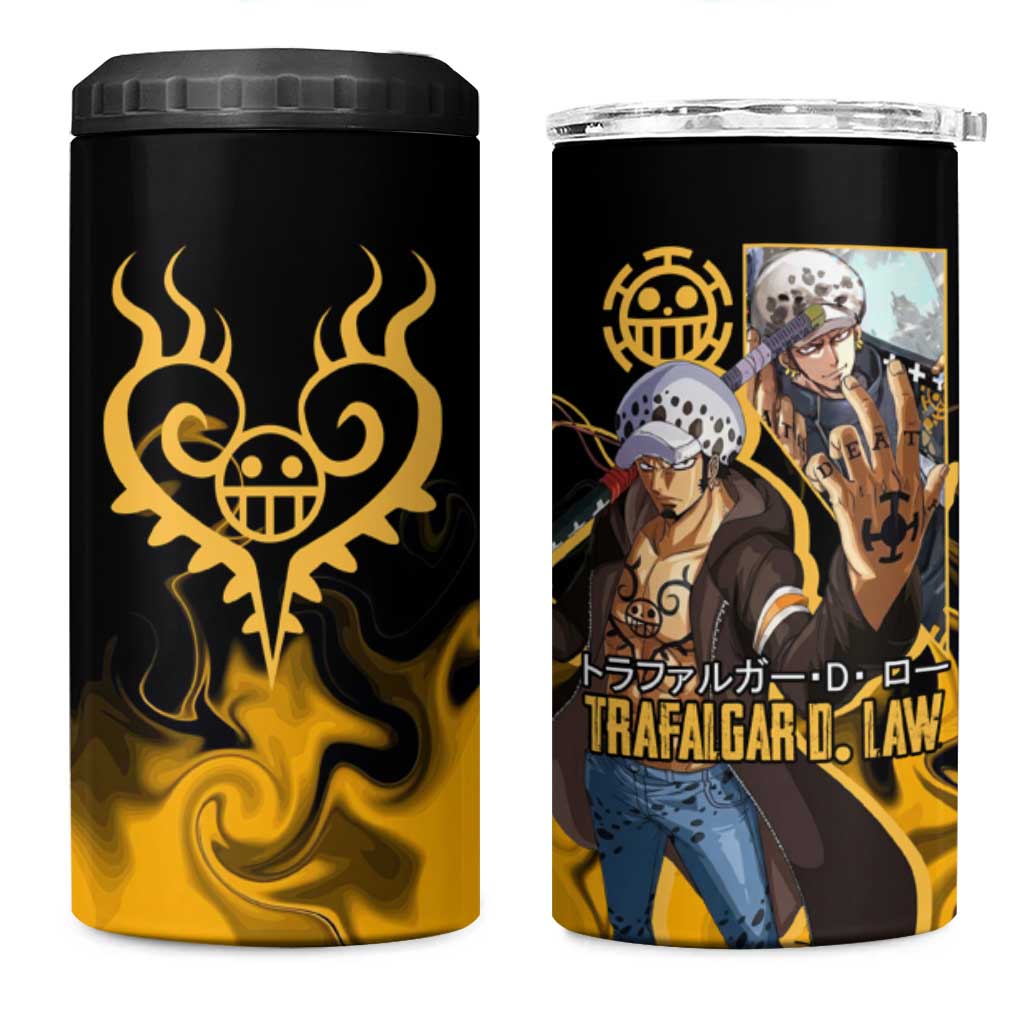 Trafalgar D. Law One Piece Black and Yellow Theme 4 in 1 Can Cooler Tumbler with Heart Pirates Symbol and Flame Pattern Design - The Mazicc
