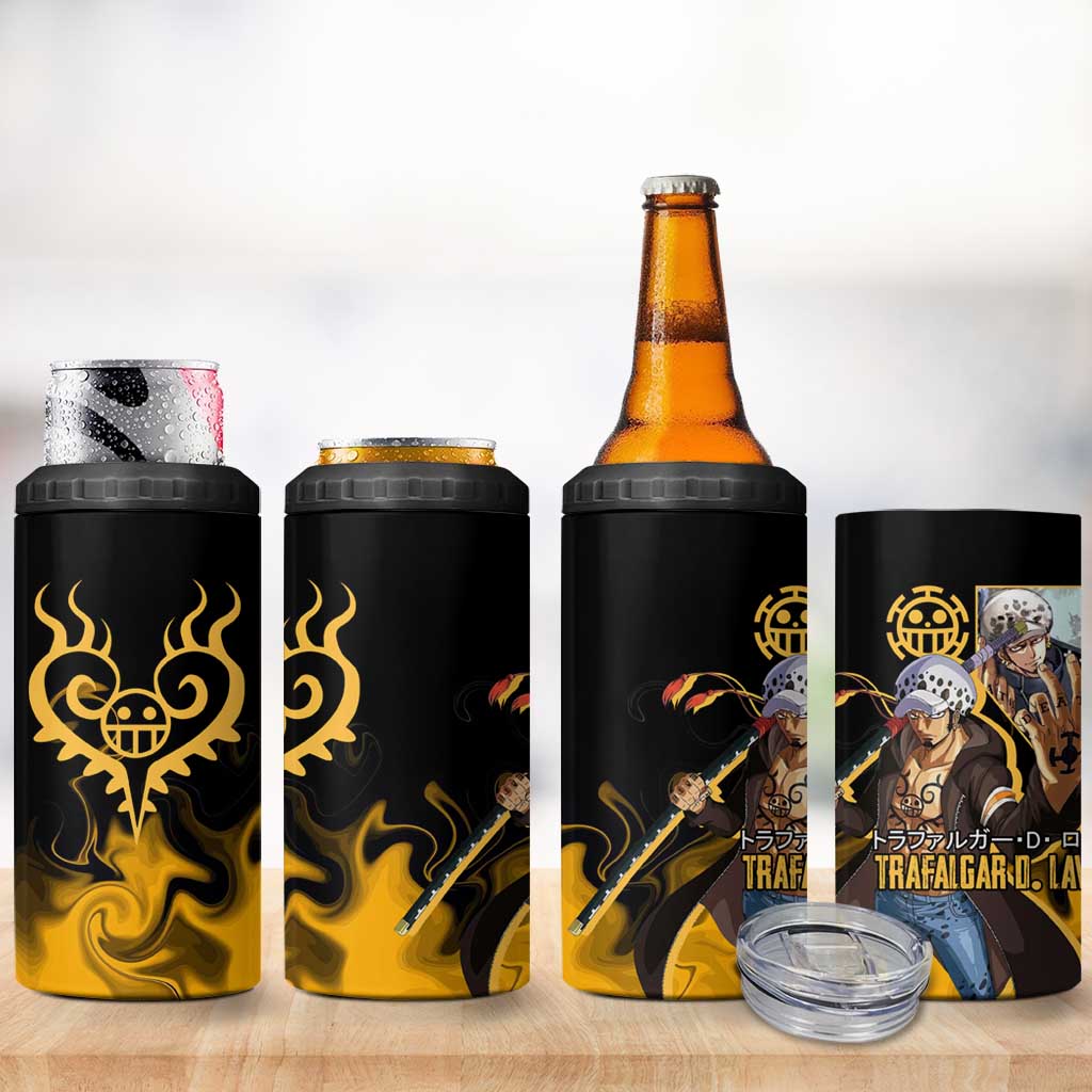 Trafalgar D. Law One Piece Black and Yellow Theme 4 in 1 Can Cooler Tumbler with Heart Pirates Symbol and Flame Pattern Design - The Mazicc