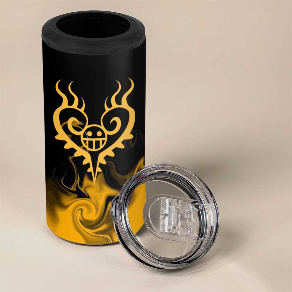 Trafalgar D. Law One Piece Black and Yellow Theme 4 in 1 Can Cooler Tumbler with Heart Pirates Symbol and Flame Pattern Design - The Mazicc