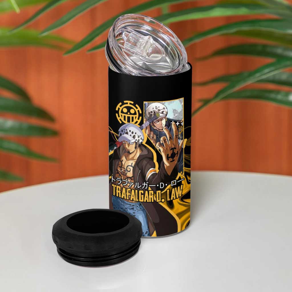 Trafalgar D. Law One Piece Black and Yellow Theme 4 in 1 Can Cooler Tumbler with Heart Pirates Symbol and Flame Pattern Design - The Mazicc