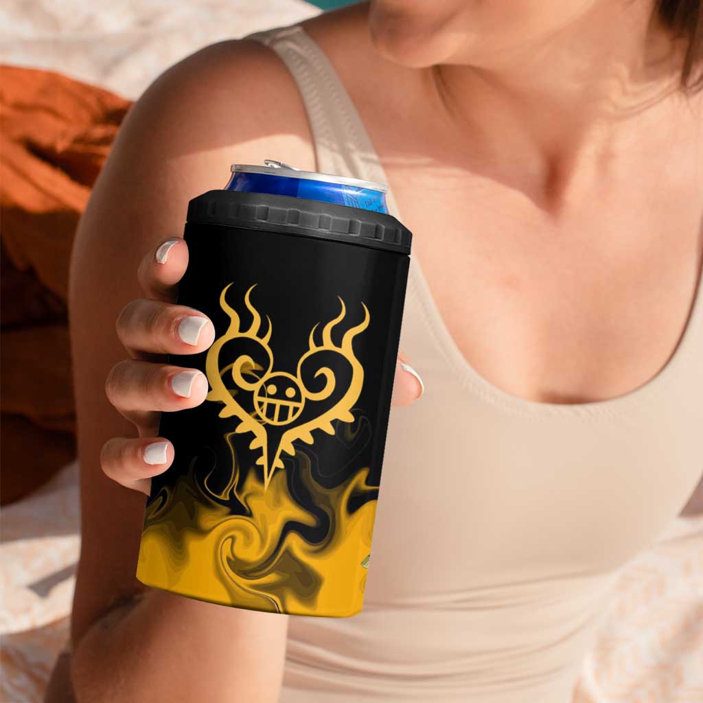 Trafalgar D. Law One Piece Black and Yellow Theme 4 in 1 Can Cooler Tumbler with Heart Pirates Symbol and Flame Pattern Design - The Mazicc