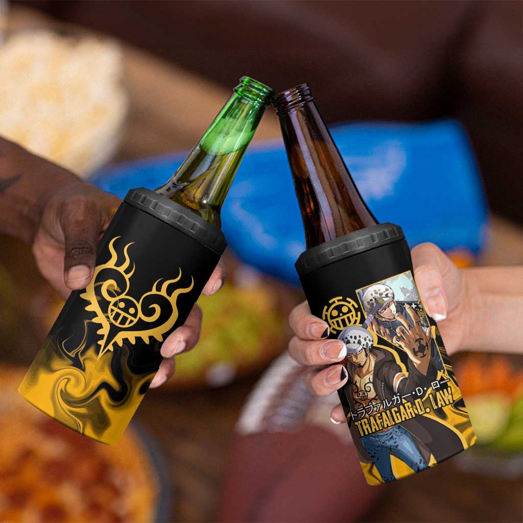 Trafalgar D. Law One Piece Black and Yellow Theme 4 in 1 Can Cooler Tumbler with Heart Pirates Symbol and Flame Pattern Design - The Mazicc