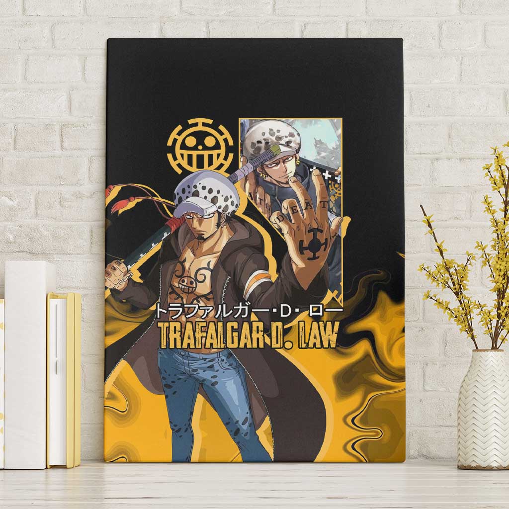 Trafalgar D. Law One Piece Black and Yellow Theme Canvas Wall Art with Heart Pirates Symbol and Flame Pattern Design - The Mazicc