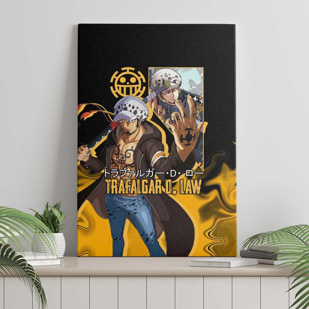 Trafalgar D. Law One Piece Black and Yellow Theme Canvas Wall Art with Heart Pirates Symbol and Flame Pattern Design - The Mazicc