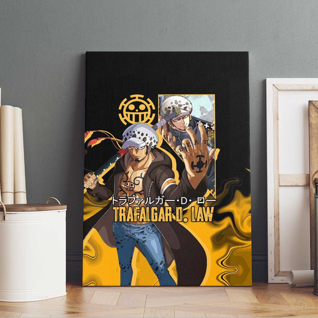 Trafalgar D. Law One Piece Black and Yellow Theme Canvas Wall Art with Heart Pirates Symbol and Flame Pattern Design - The Mazicc