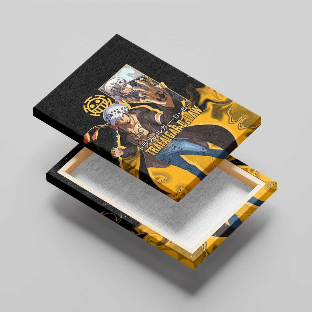 Trafalgar D. Law One Piece Black and Yellow Theme Canvas Wall Art with Heart Pirates Symbol and Flame Pattern Design - The Mazicc