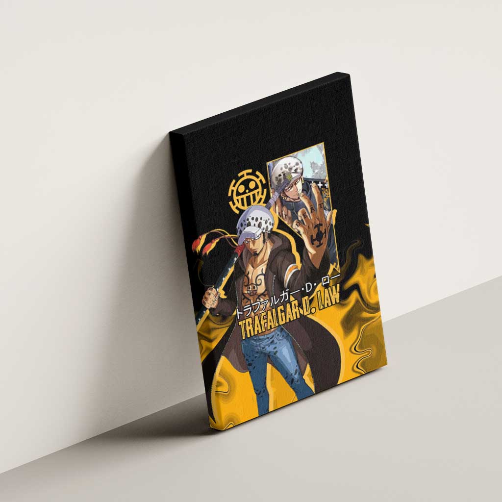 Trafalgar D. Law One Piece Black and Yellow Theme Canvas Wall Art with Heart Pirates Symbol and Flame Pattern Design - The Mazicc