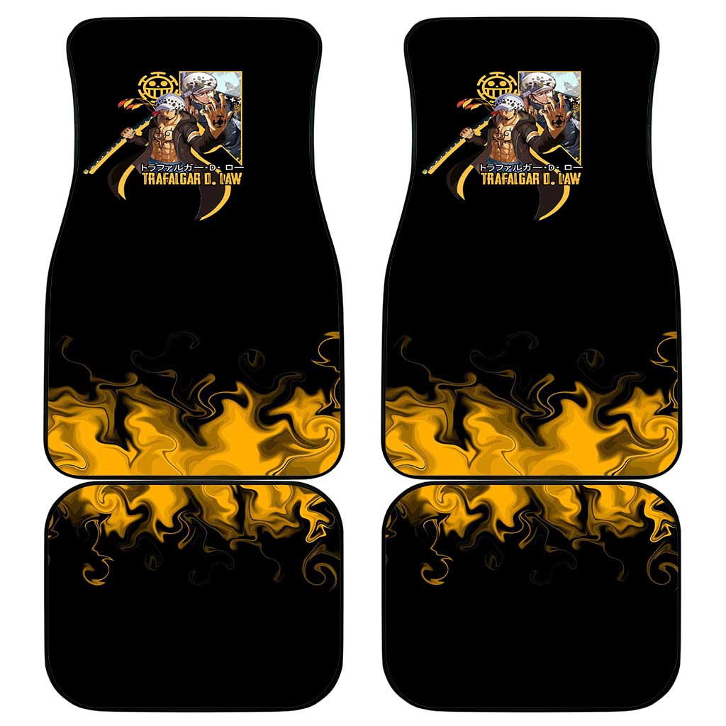 Trafalgar D. Law One Piece Black and Yellow Theme Car Mats with Heart Pirates Symbol and Flame Pattern Design - The Mazicc