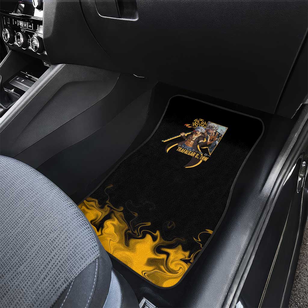 Trafalgar D. Law One Piece Black and Yellow Theme Car Mats with Heart Pirates Symbol and Flame Pattern Design - The Mazicc
