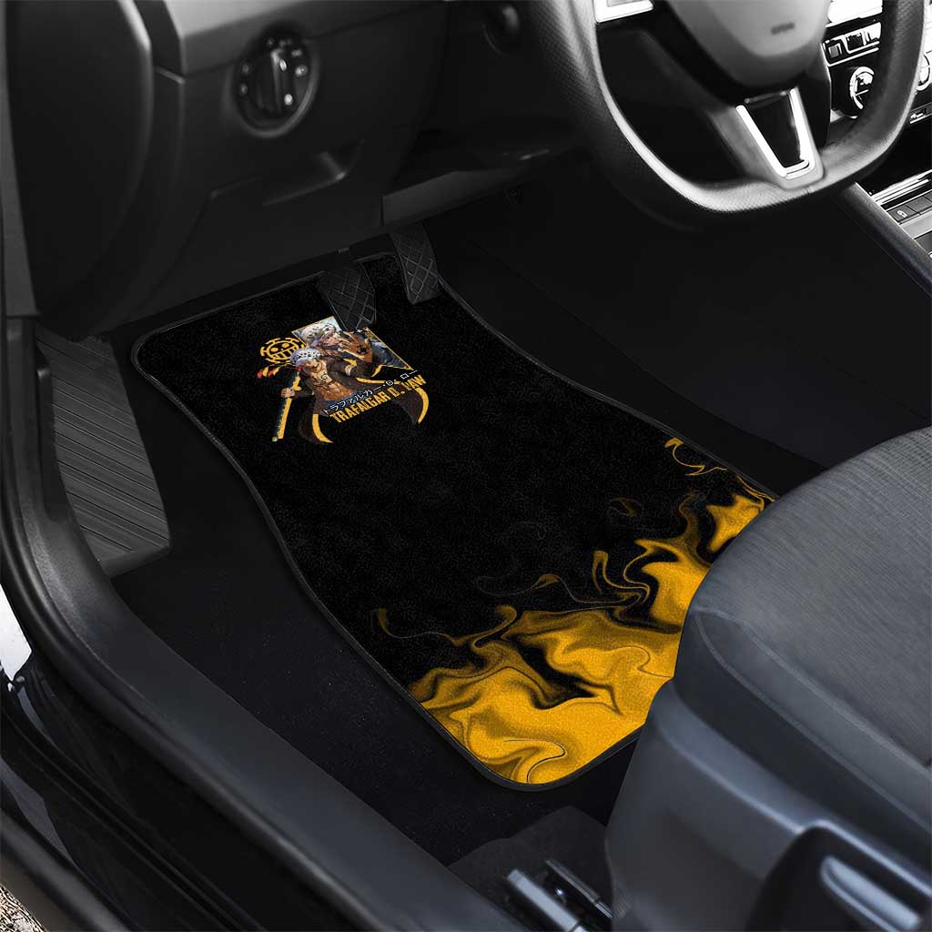 Trafalgar D. Law One Piece Black and Yellow Theme Car Mats with Heart Pirates Symbol and Flame Pattern Design - The Mazicc