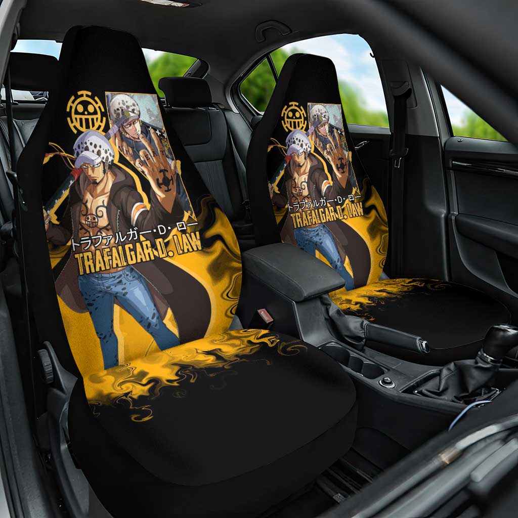 Trafalgar D. Law One Piece Black and Yellow Theme Car Seat Cover with Heart Pirates Symbol and Flame Pattern Design - The Mazicc