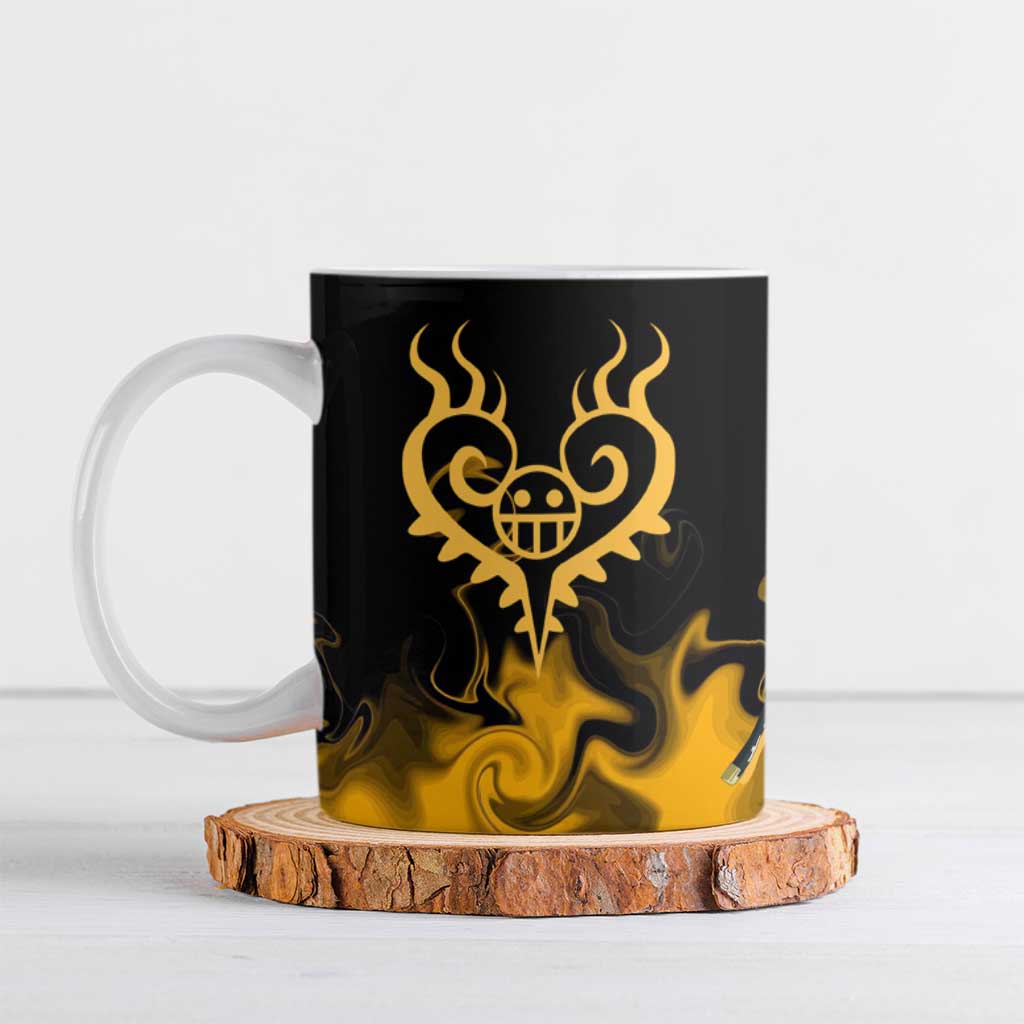 Trafalgar D. Law One Piece Black and Yellow Theme Ceramic Mug with Heart Pirates Symbol and Flame Pattern Design - The Mazicc