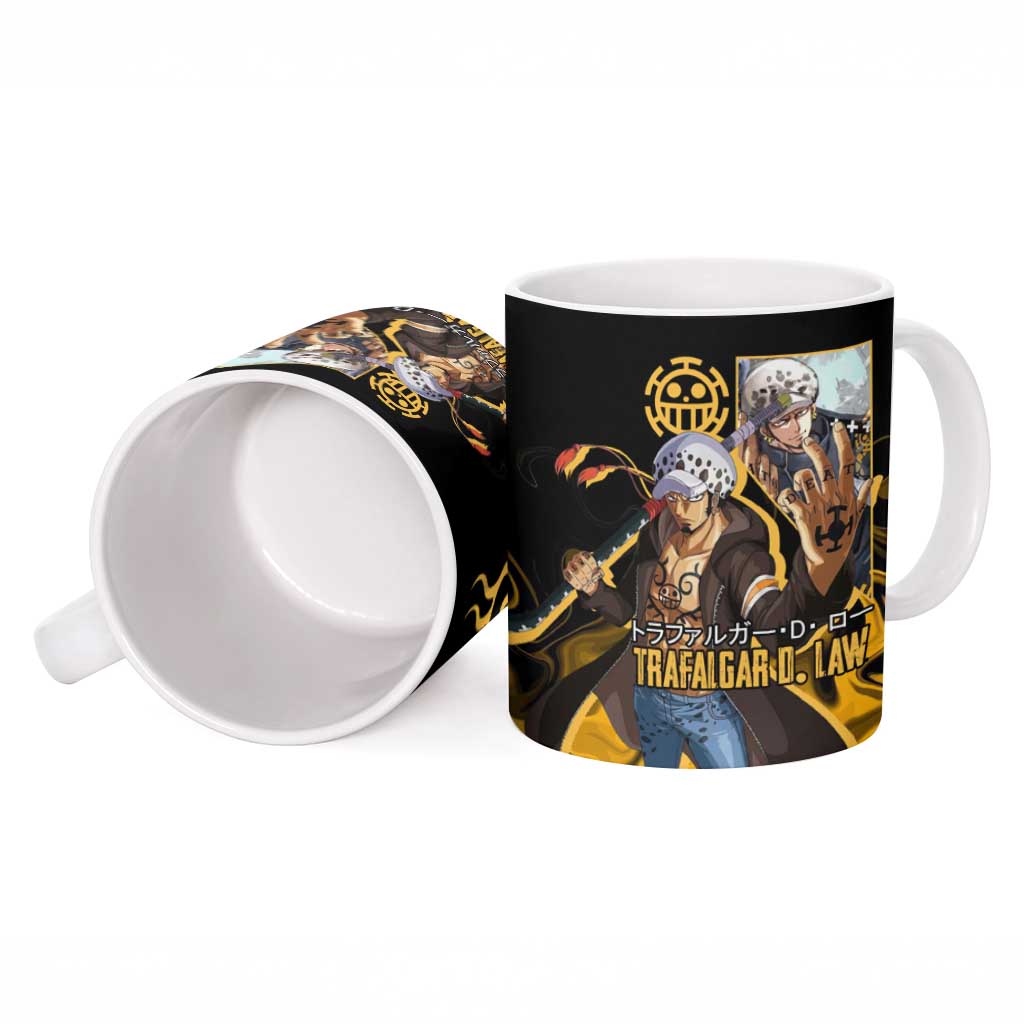 Trafalgar D. Law One Piece Black and Yellow Theme Ceramic Mug with Heart Pirates Symbol and Flame Pattern Design - The Mazicc