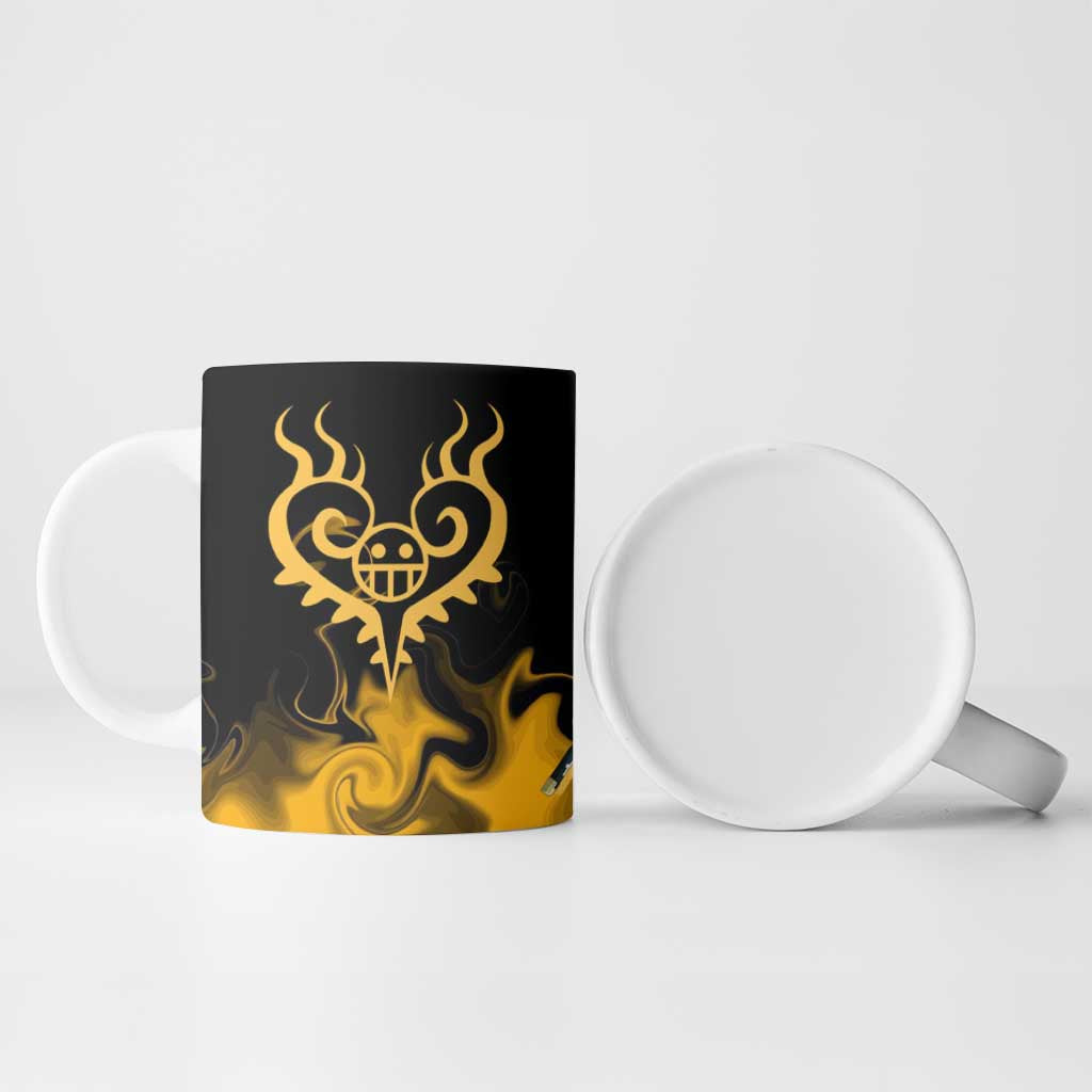 Trafalgar D. Law One Piece Black and Yellow Theme Ceramic Mug with Heart Pirates Symbol and Flame Pattern Design - The Mazicc