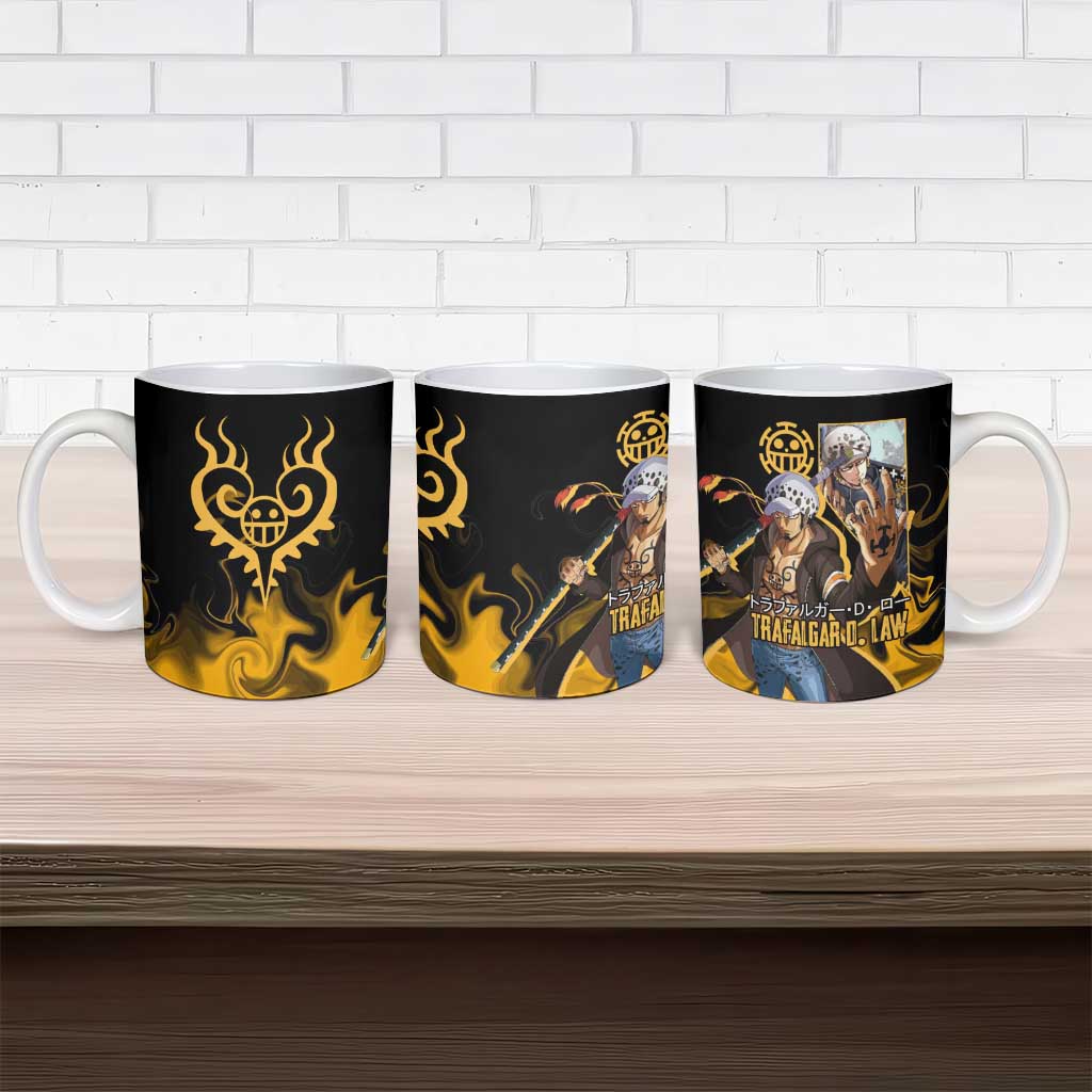 Trafalgar D. Law One Piece Black and Yellow Theme Ceramic Mug with Heart Pirates Symbol and Flame Pattern Design - The Mazicc