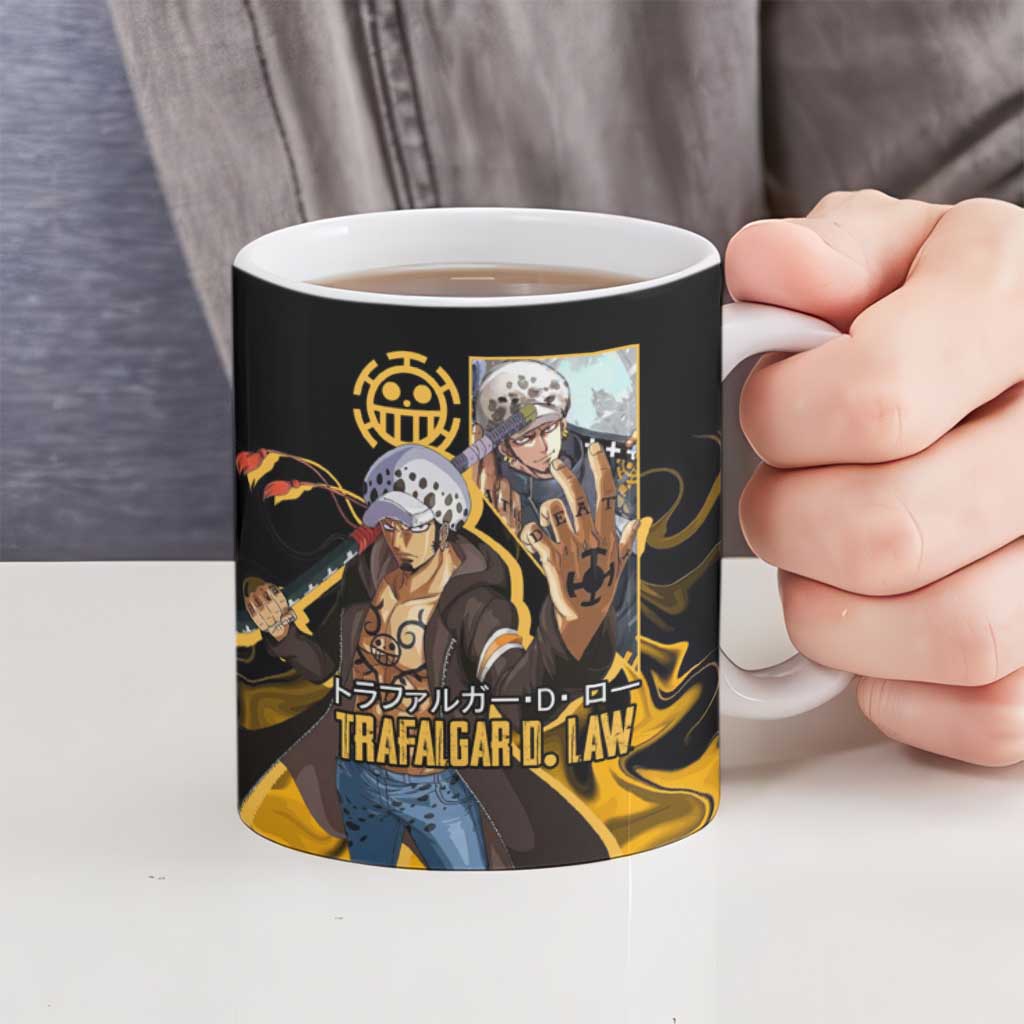 Trafalgar D. Law One Piece Black and Yellow Theme Ceramic Mug with Heart Pirates Symbol and Flame Pattern Design - The Mazicc