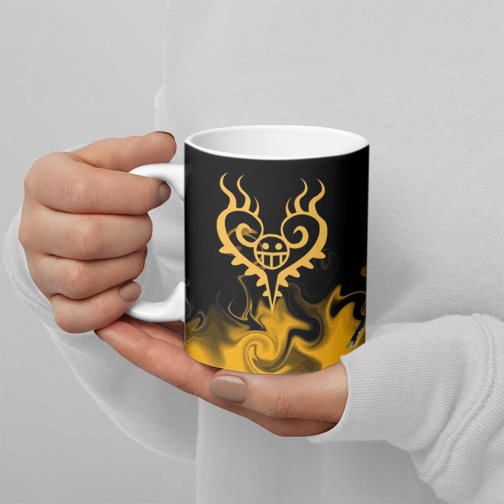 Trafalgar D. Law One Piece Black and Yellow Theme Ceramic Mug with Heart Pirates Symbol and Flame Pattern Design - The Mazicc